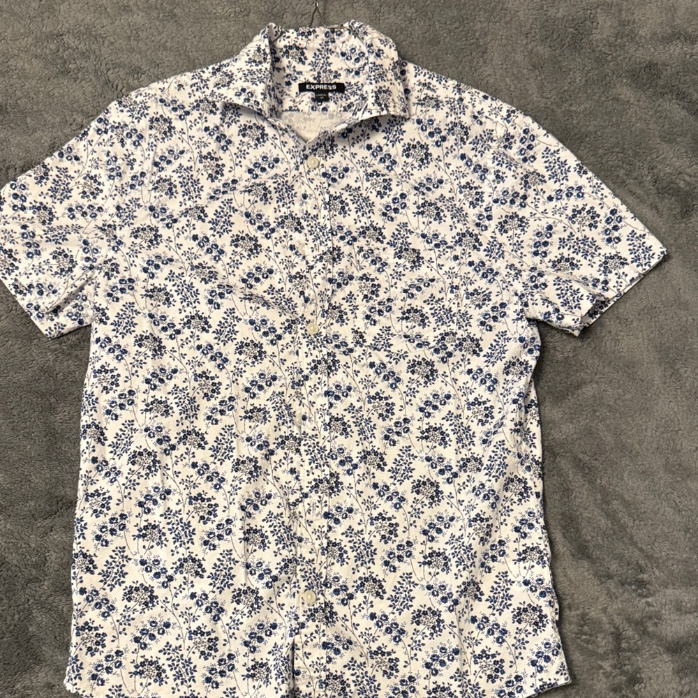 Express White and Blue Floral Button Down Shirt